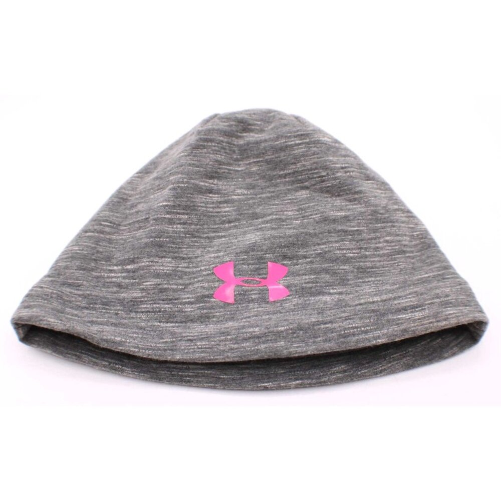 Under Armour Beanie Hat OSFA Gray Pink Logo Cold Gear Knit Stretch Cotton Womens
